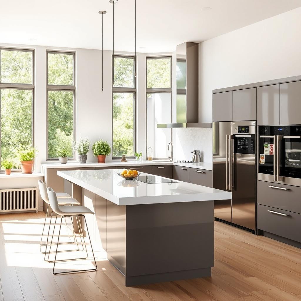 A sleek, modern kitchen featuring a large island with a glossy white countertop, stainless steel appliances, and minimalist cabinetry in a warm grey finish