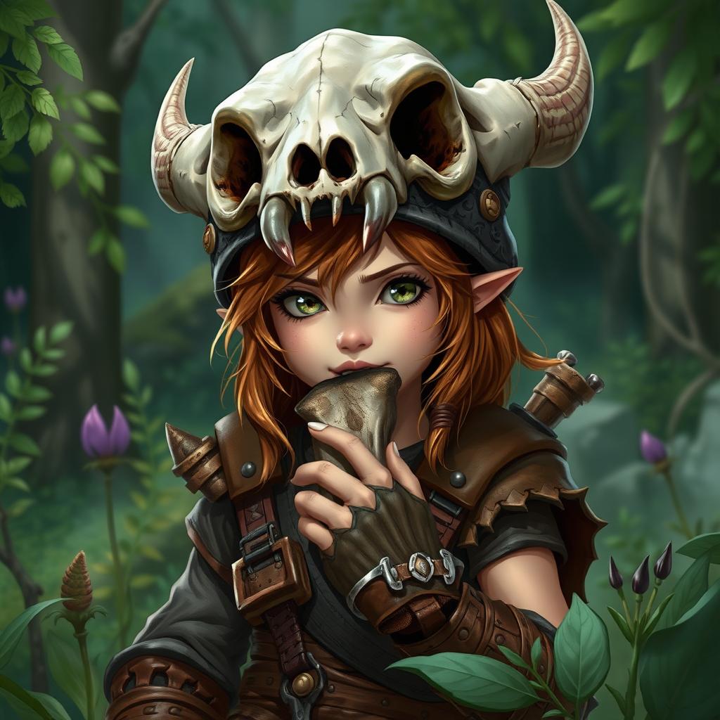 A female feral brown-haired halfling ranger, wearing a large skull helmet that covers her forehead