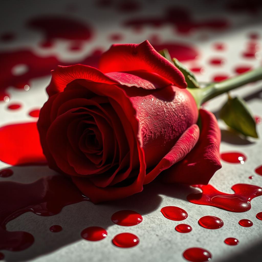A Bloody Beauty: Red Rose with Glimmering Drops