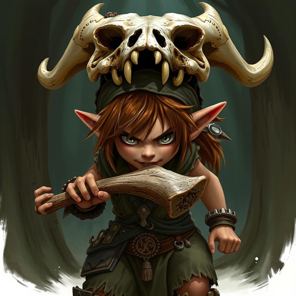 A fierce female feral brown-headed halfling ranger, with wild hair and sharp eyes, wearing a large skull as a helmet that covers her forehead