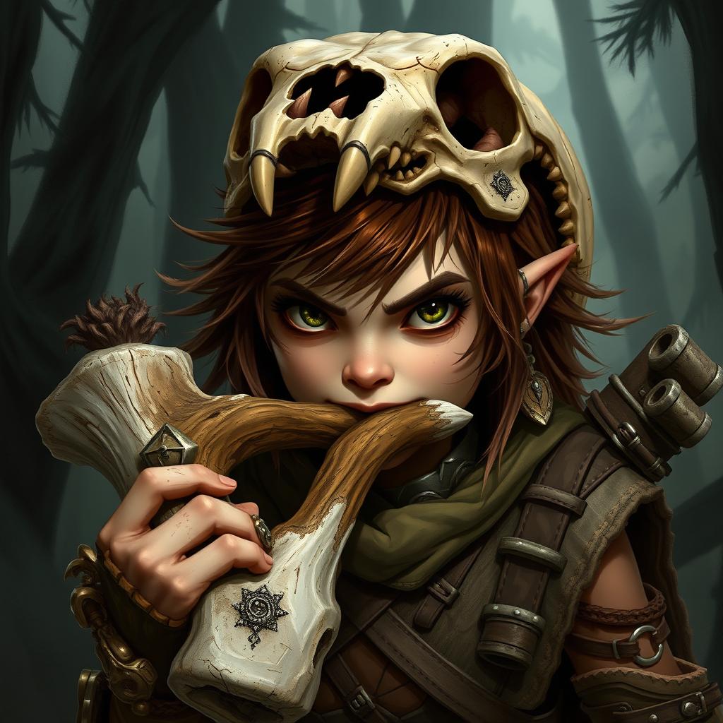 A fierce female feral brown-headed halfling ranger, characterized by wild, tousled hair and piercing eyes