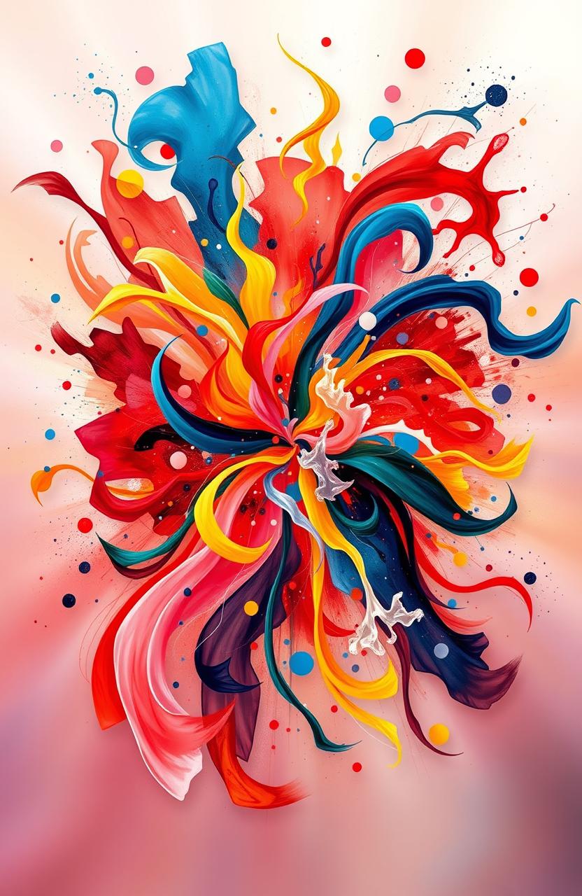 An abstract representation of emotion, featuring a vibrant explosion of colors like reds, blues, and yellows, with swirling shapes and fluid lines converging and diverging in an energetic dance