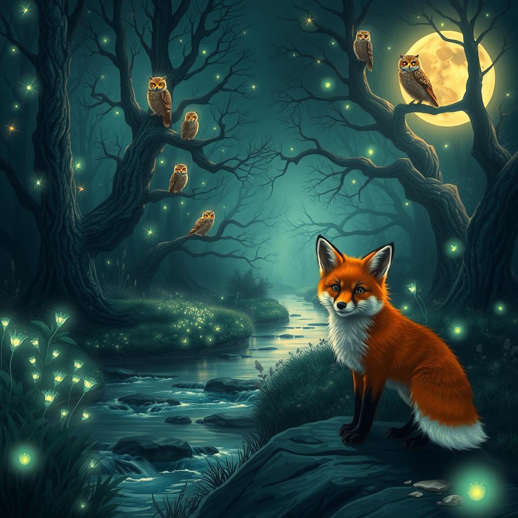 A mystical forest illuminated by shimmering moonlight, with owls perched on ancient trees, their feathers highlighted by glistening stars in the night sky