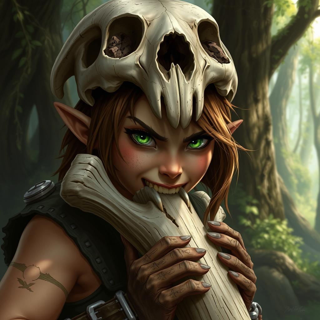 A fierce female feral brown-haired halfling ranger with vibrant green eyes