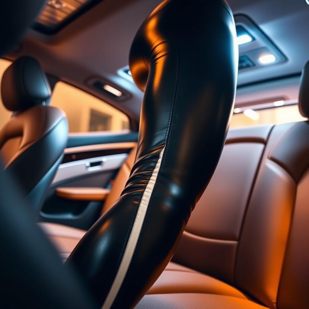 A stylish black leather legging with a white stripe on the side, elegantly displayed in the back seat of a luxurious car