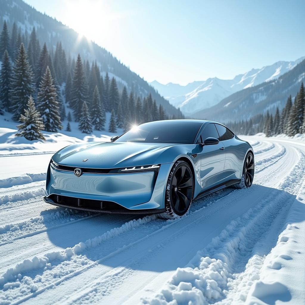 A unique electric sedan with a shortened hood, featuring a fashionable design with sharp lines