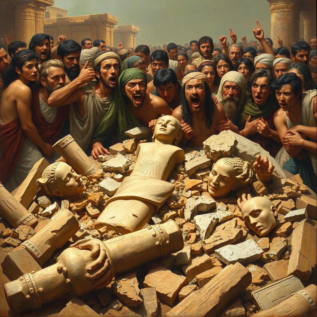 A dramatic scene in ancient Babylon depicting a crowd of shocked and angry people discovering their shattered idols scattered about
