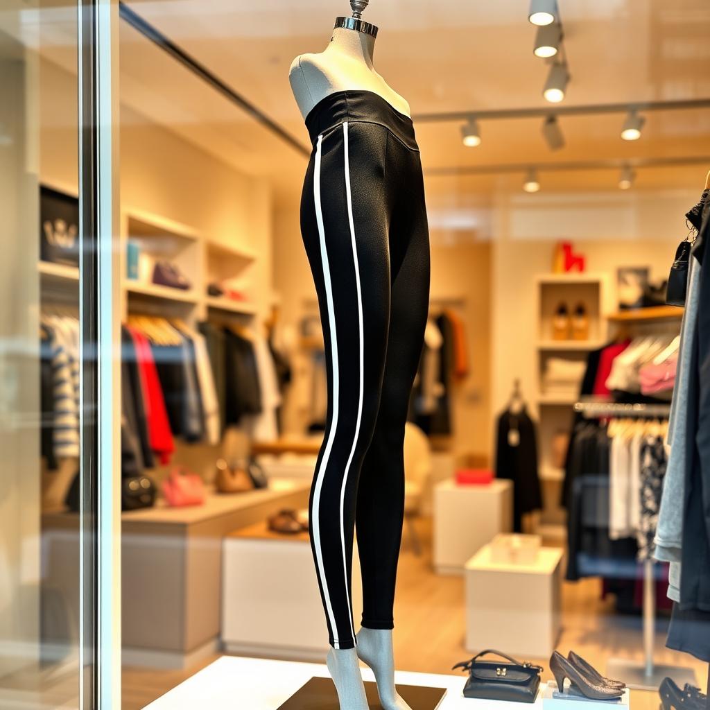 A striking display of black leggings with a white stripe on the side, showcased in a boutique window