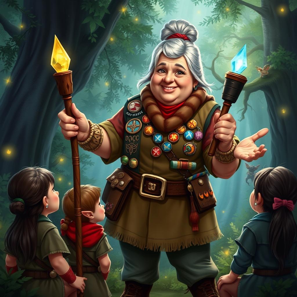 An elderly and portly female dwarf girl scout leader depicted in Dungeons & Dragons fantasy art style, standing proudly in a magical forest environment
