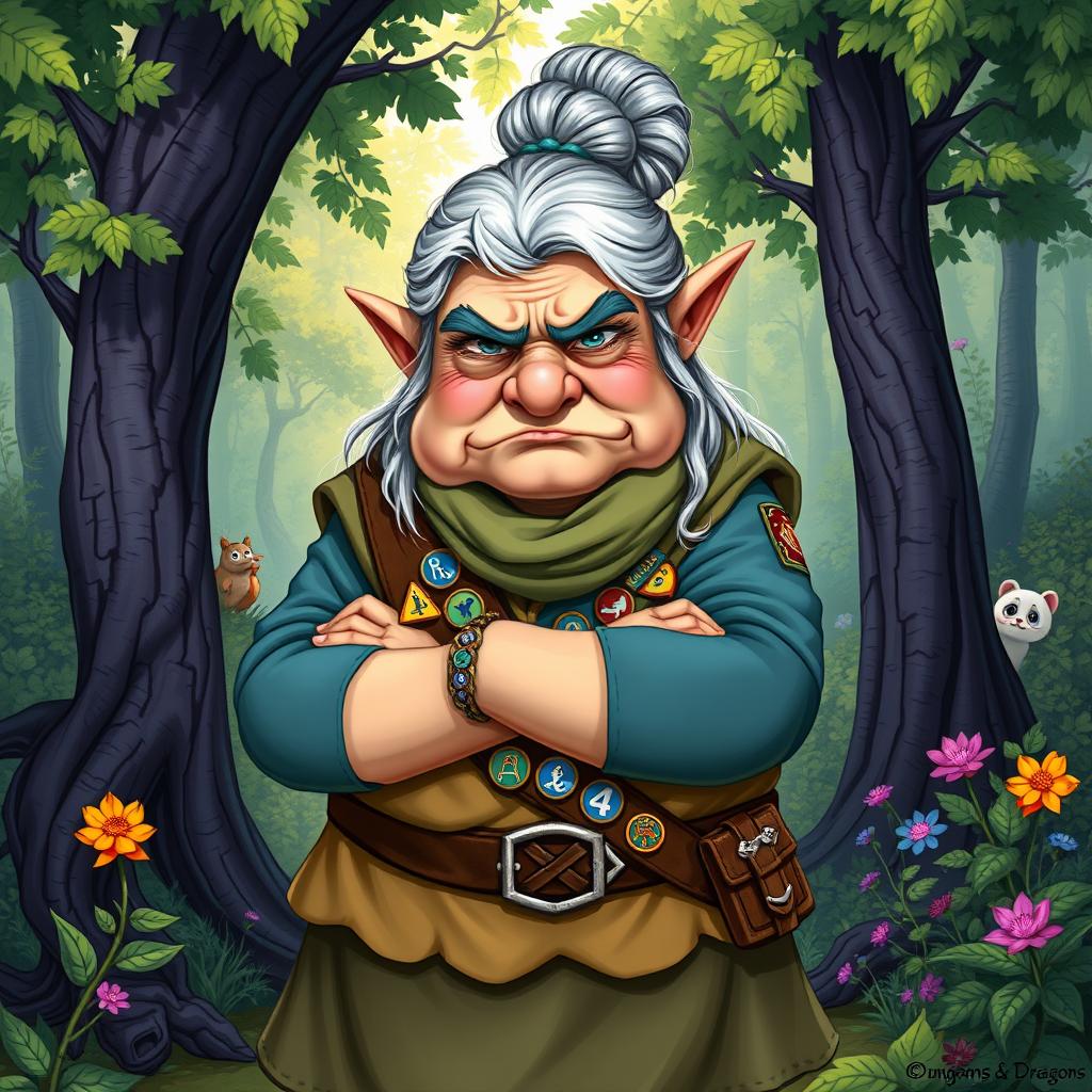 An elderly and portly female dwarf girl scout leader depicted in a whimsical Dungeons & Dragons fantasy art style, standing in a vibrant forest