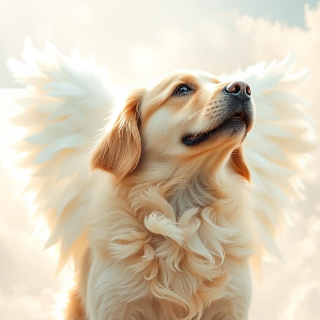 A close-up of a fluffy, golden retriever dog, joyfully looking up with sparkling eyes, against a soft, ethereal background