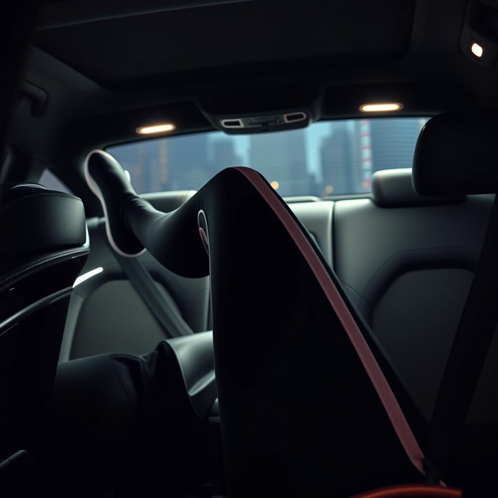 A dramatic scene featuring black leggings with a white stripe on the side, worn by a person who is casually lounging in the back seat of a stylish car