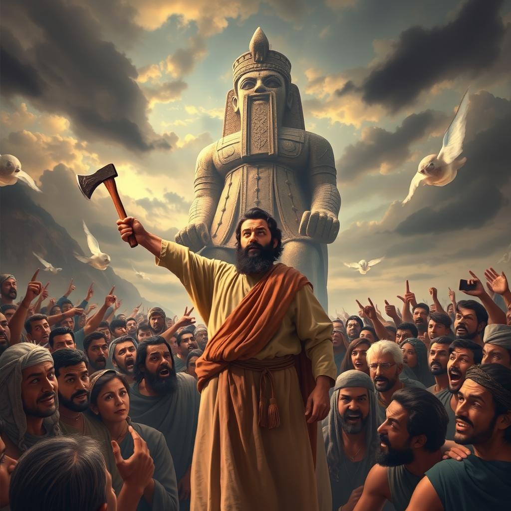 A powerful scene depicting Prophet Ibrahim standing boldly before a furious crowd