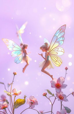 A whimsical fantasy scene featuring ethereal fairies with wings shimmering in iridescent colors