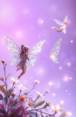 A whimsical fantasy scene featuring ethereal fairies with wings shimmering in iridescent colors