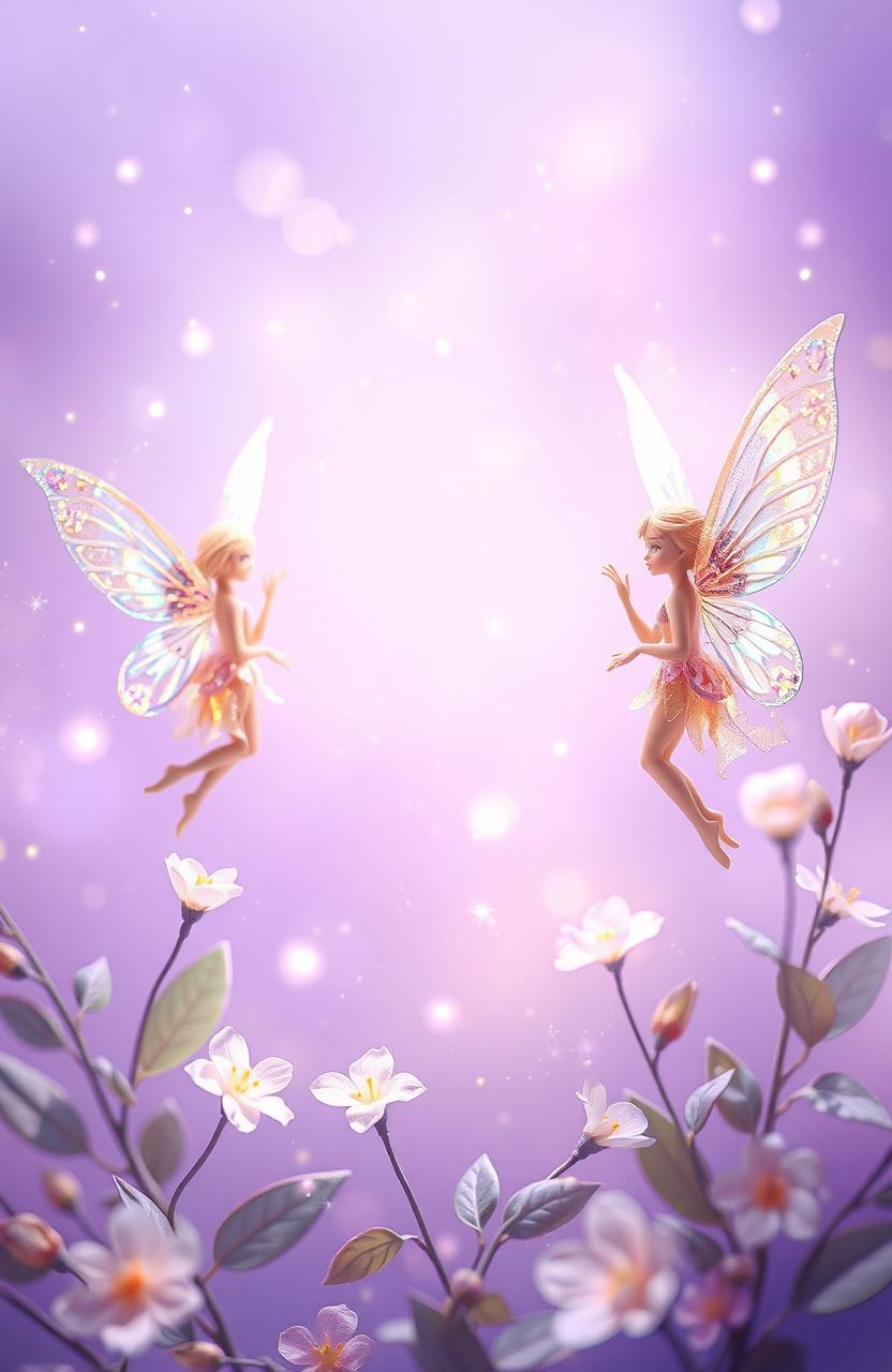 A whimsical fantasy scene featuring ethereal fairies with wings shimmering in iridescent colors
