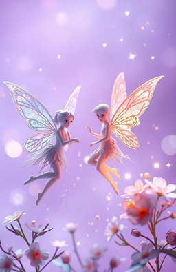 A whimsical fantasy scene featuring ethereal fairies with wings shimmering in iridescent colors