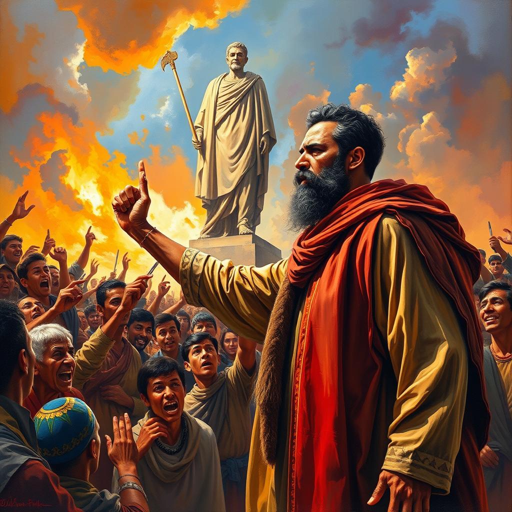 A bold and defiant Nabi Ibrahim standing firm in front of an angry crowd, his unwavering gaze as he points accusingly at a towering statue