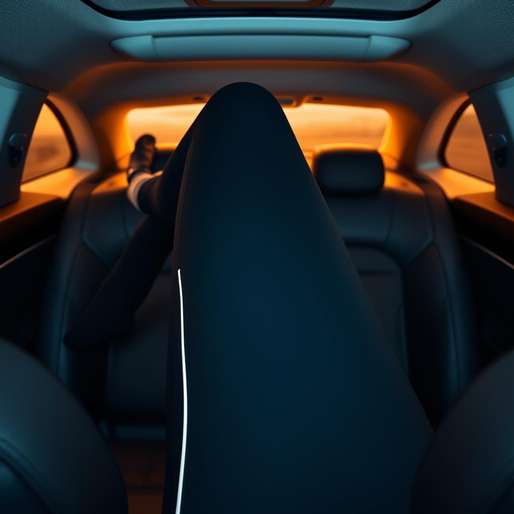 A visual of black leggings with a white stripe on the side, as a person lies face down on the back seat of a modern car