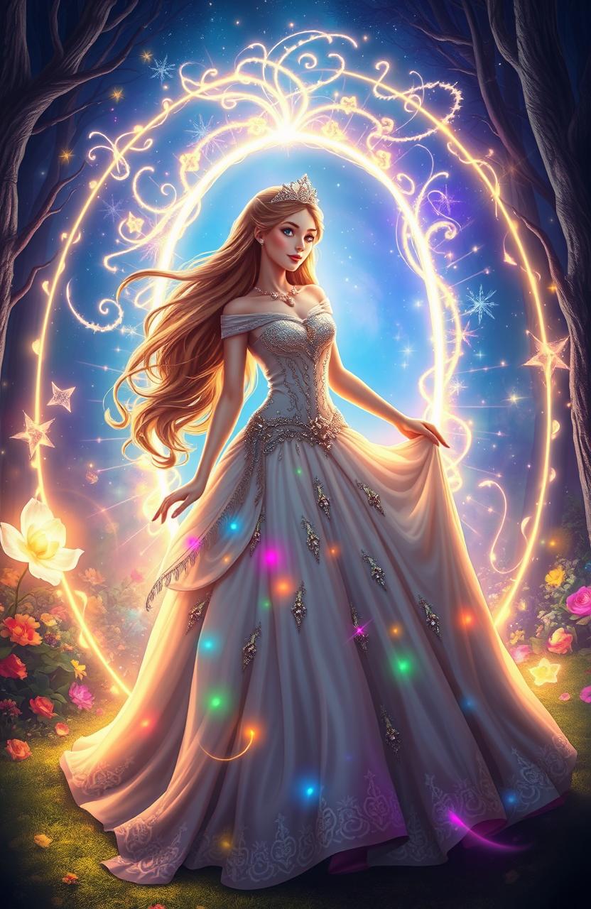 A princess gracefully entering a glowing portal, surrounded by mystical light and swirling magical energy