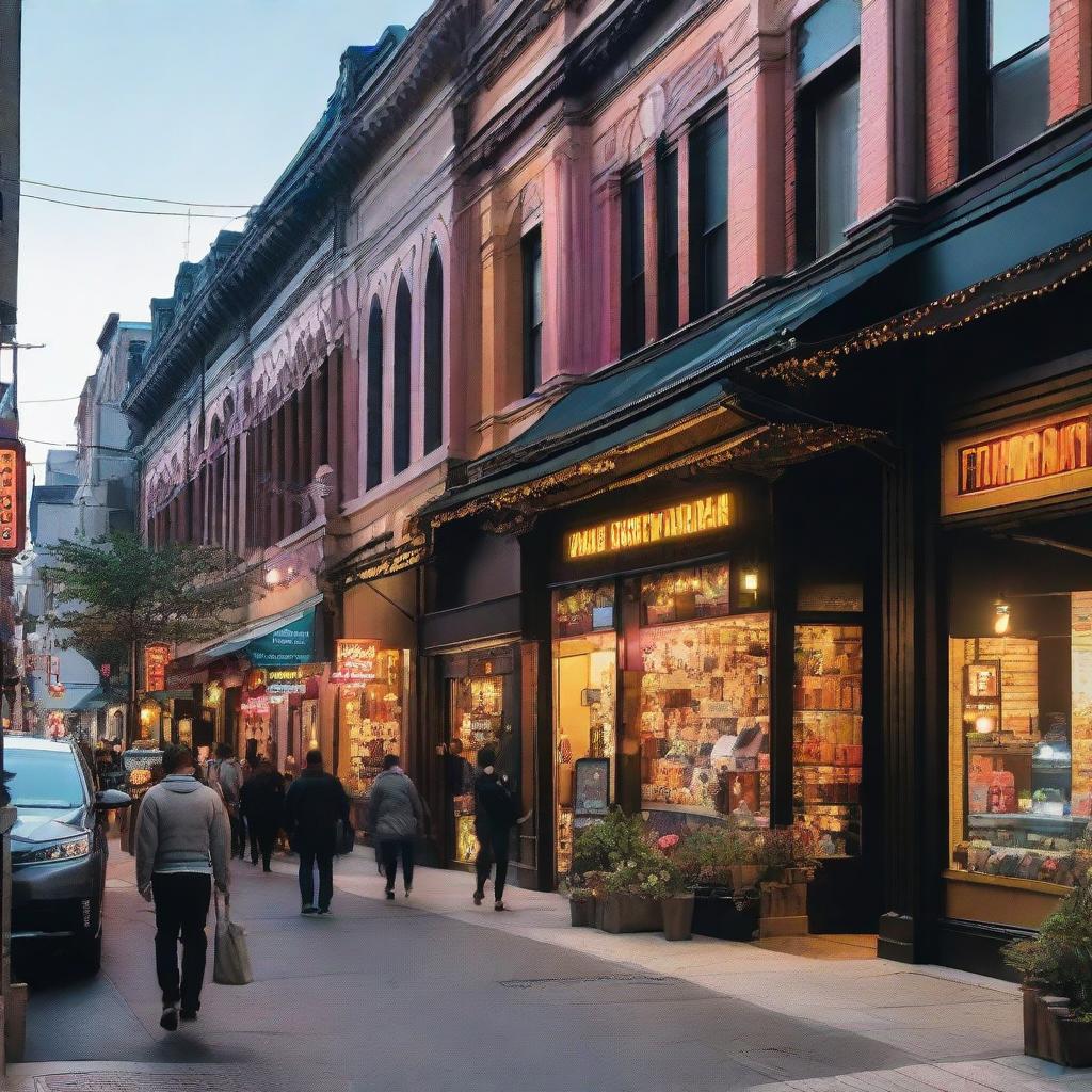 A bustling city street with four diverse shops each with its unique designs, lighting and storefront displays.