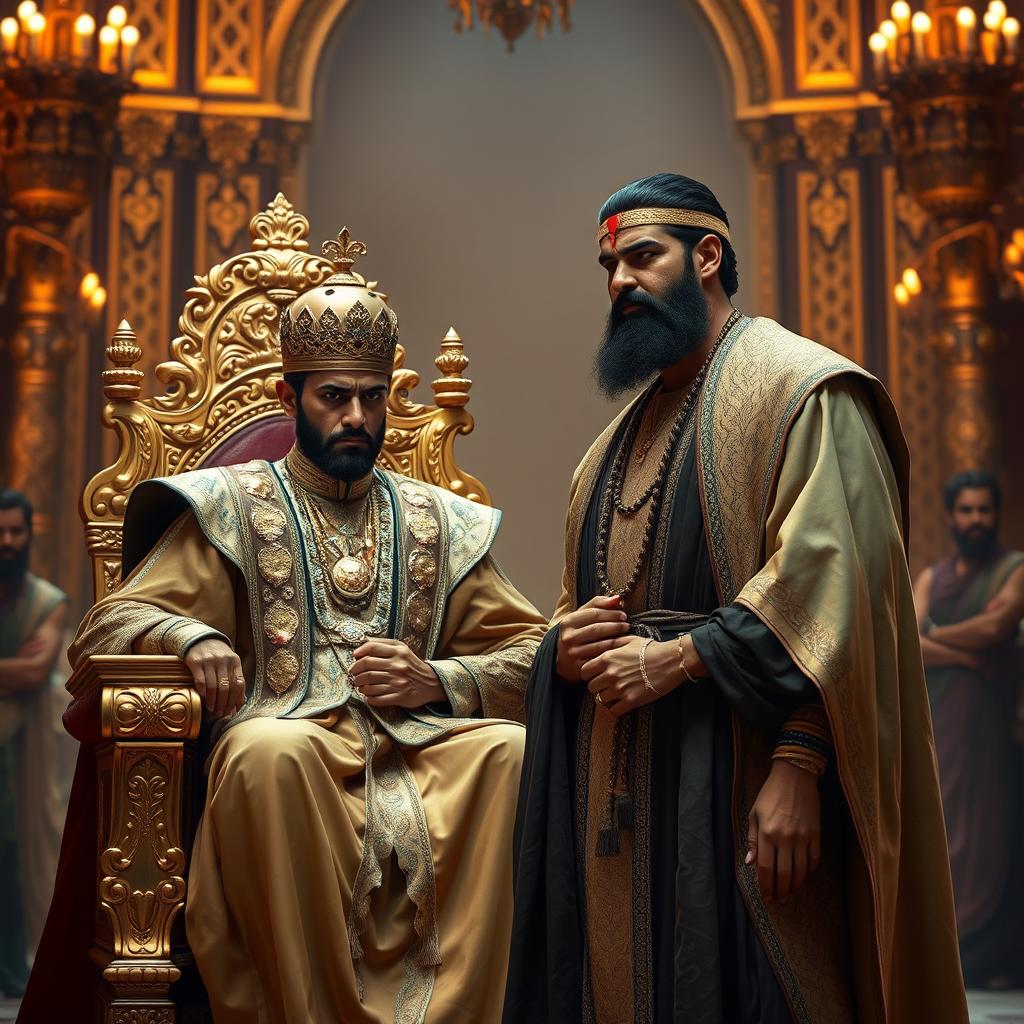A dramatic scene depicting Raja Namrud, a powerful king, seated on an elaborate golden throne adorned with intricate designs