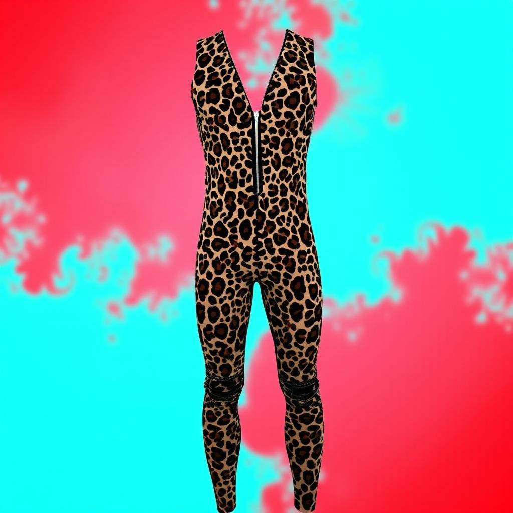 A fitted men's jumpsuit in leopard print, sleeveless, featuring a sleek zipper down the middle and stylish ripped knees, showcasing a modern, edgy fashion design