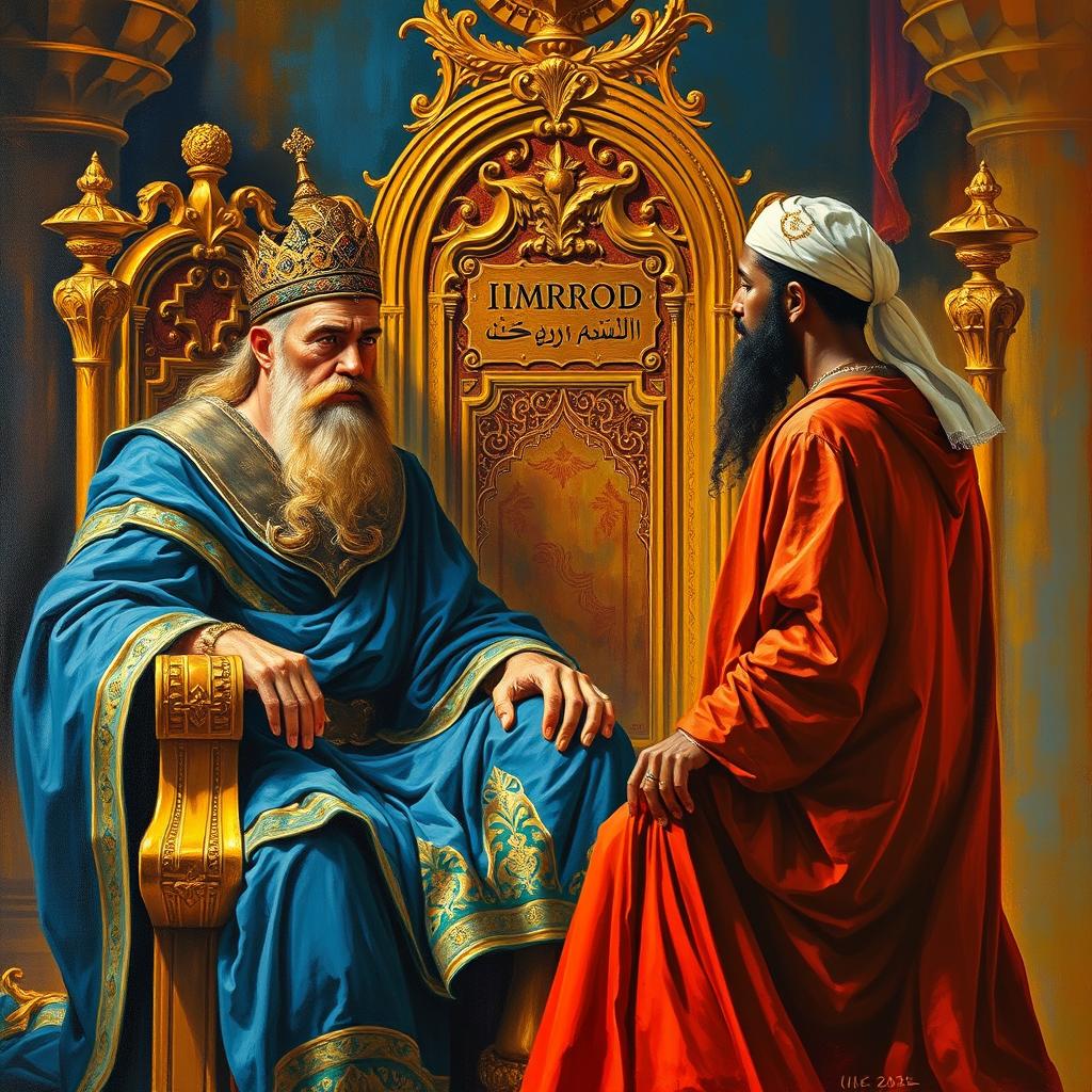 A dramatic painting of King Nimrod seated on an ornate golden throne, his piercing gaze directed at the Prophet Ibrahim standing before him