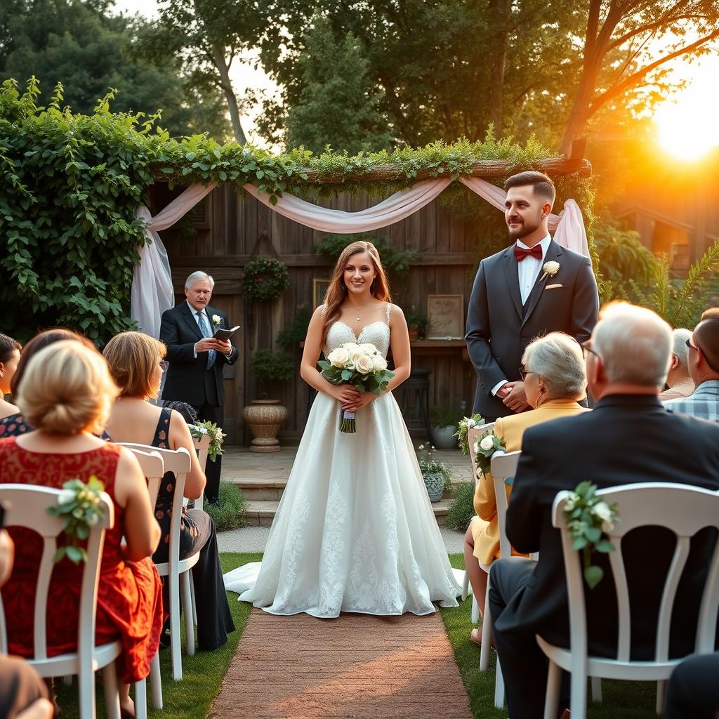 A beautiful outdoor wedding scene, featuring a charming rustic venue surrounded by lush greenery