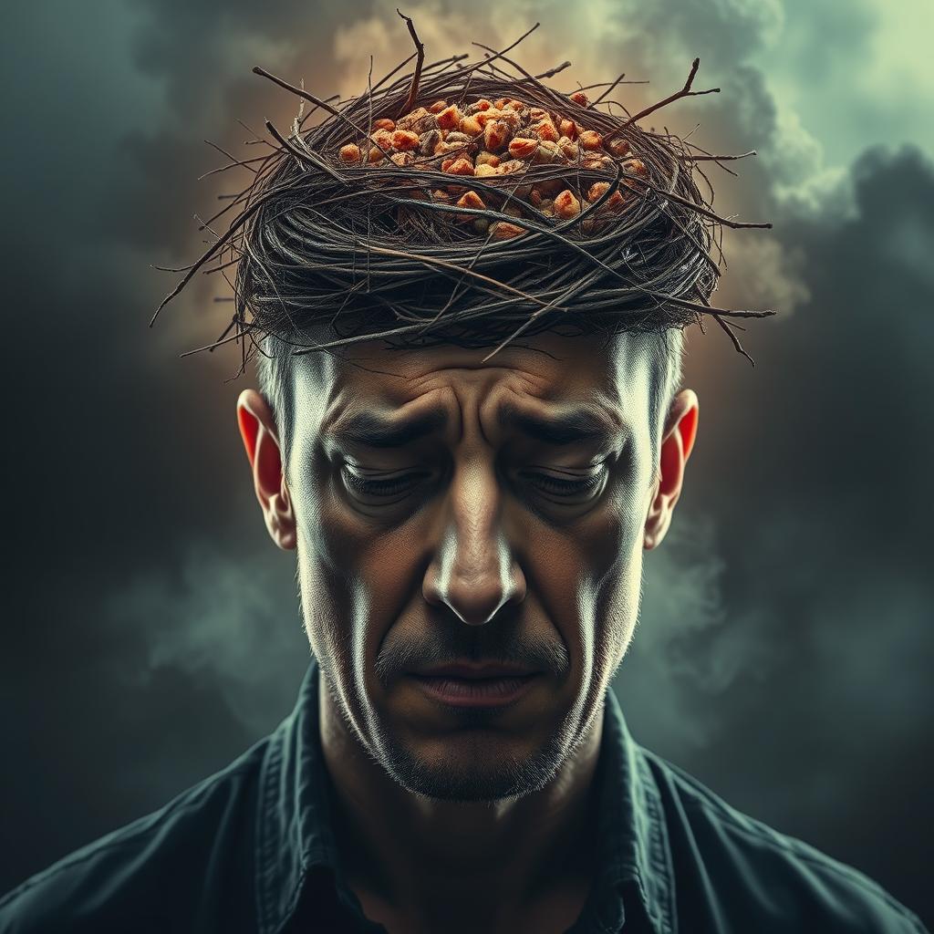 A realistic perspective of a man with a tired and confused expression, featuring a bird's nest on his head, where his brain appears to be exploding into small particles