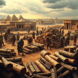 A historical depiction of Babylonian workers in ancient Mesopotamia, surrounded by a large open space filled with logs and bundles of firewood