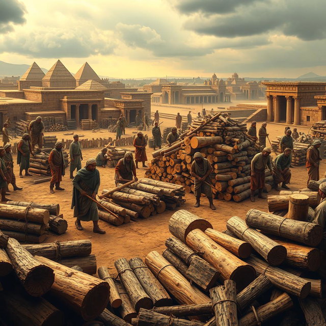 A historical depiction of Babylonian workers in ancient Mesopotamia, surrounded by a large open space filled with logs and bundles of firewood