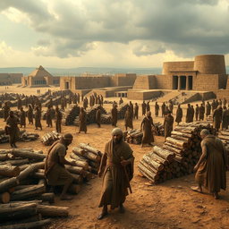 A historical depiction of Babylonian workers in ancient Mesopotamia, surrounded by a large open space filled with logs and bundles of firewood