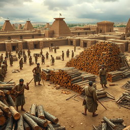 A historical depiction of Babylonian workers in ancient Mesopotamia, surrounded by a large open space filled with logs and bundles of firewood