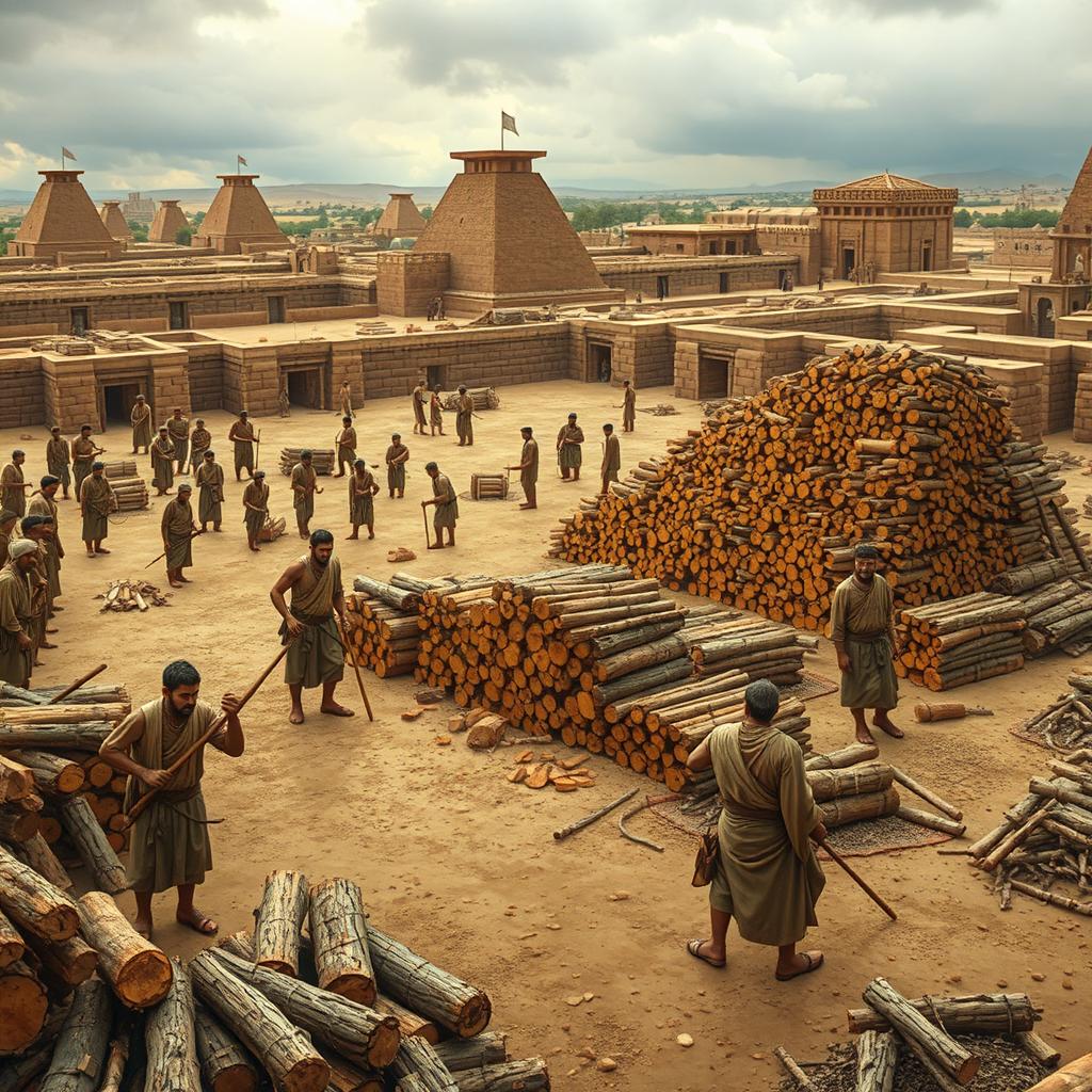 A historical depiction of Babylonian workers in ancient Mesopotamia, surrounded by a large open space filled with logs and bundles of firewood