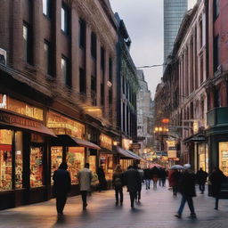 A bustling city street with four diverse shops each with its unique designs, lighting and storefront displays.