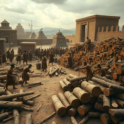A historical depiction of Babylonian workers in ancient Mesopotamia, surrounded by a large open space filled with logs and bundles of firewood