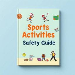 A sports activities safety guidebook cover, featuring illustrations of various sports such as basketball, soccer, swimming, and hiking