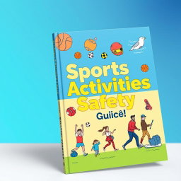 A sports activities safety guidebook cover, featuring illustrations of various sports such as basketball, soccer, swimming, and hiking