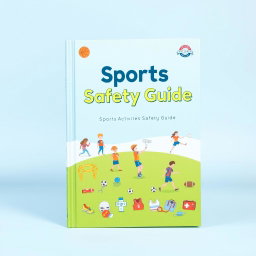A sports activities safety guidebook cover, featuring illustrations of various sports such as basketball, soccer, swimming, and hiking