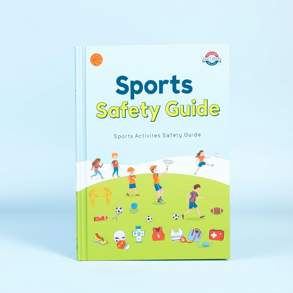 A sports activities safety guidebook cover, featuring illustrations of various sports such as basketball, soccer, swimming, and hiking