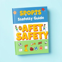 A sports activities safety guidebook cover, featuring illustrations of various sports such as basketball, soccer, swimming, and hiking