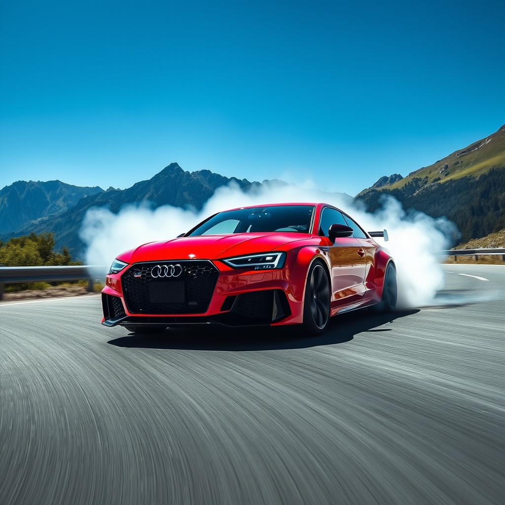 A stunning red Audi RS drift car in action, kicking up clouds of smoke as it navigates a sharp corner on a scenic mountain road