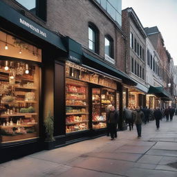 A bustling city street with four diverse shops each with its unique designs, lighting and storefront displays.