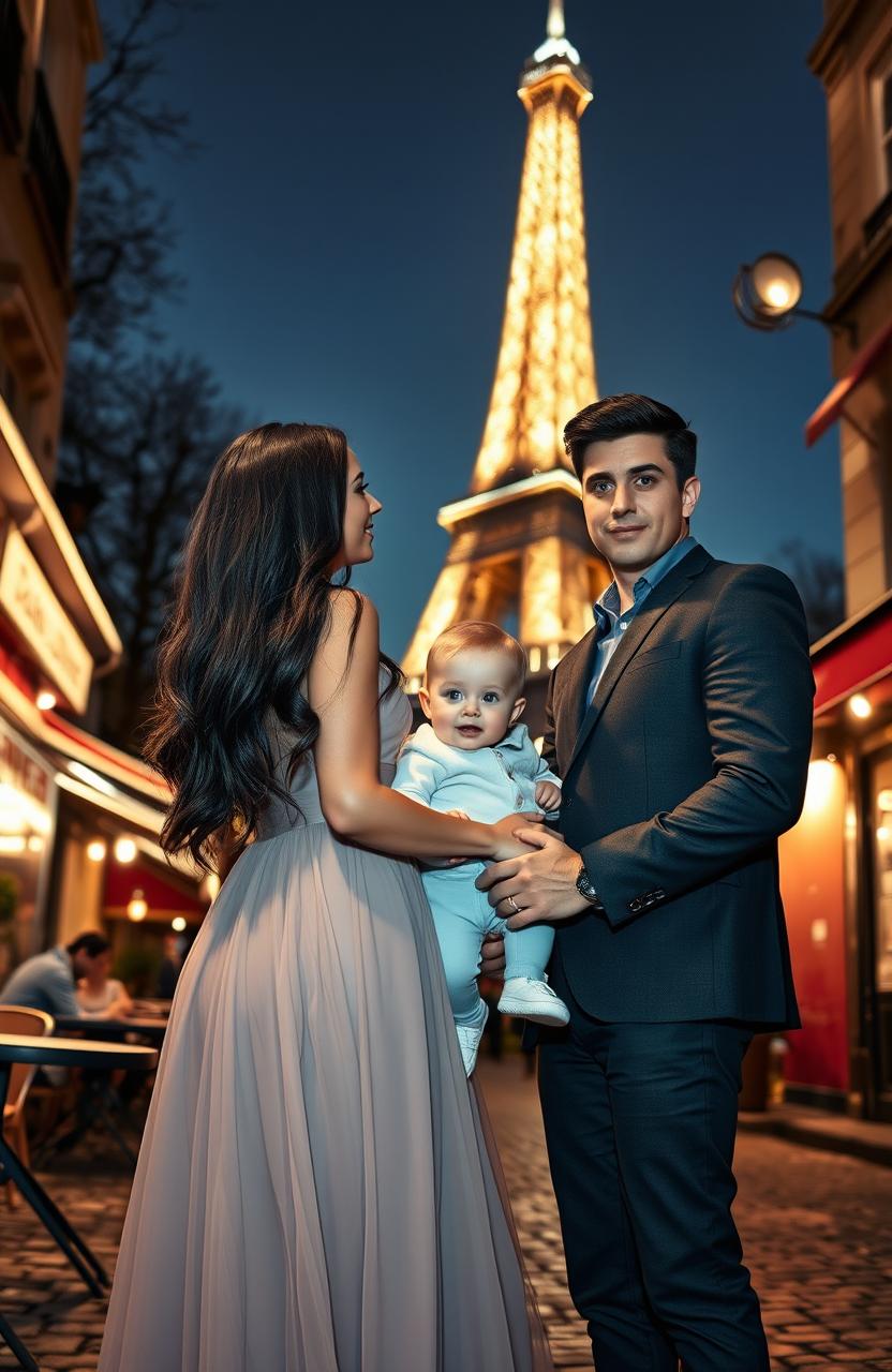A romantic Parisian scene featuring the Eiffel Tower gracefully looming in the background, illuminated by a soft evening glow