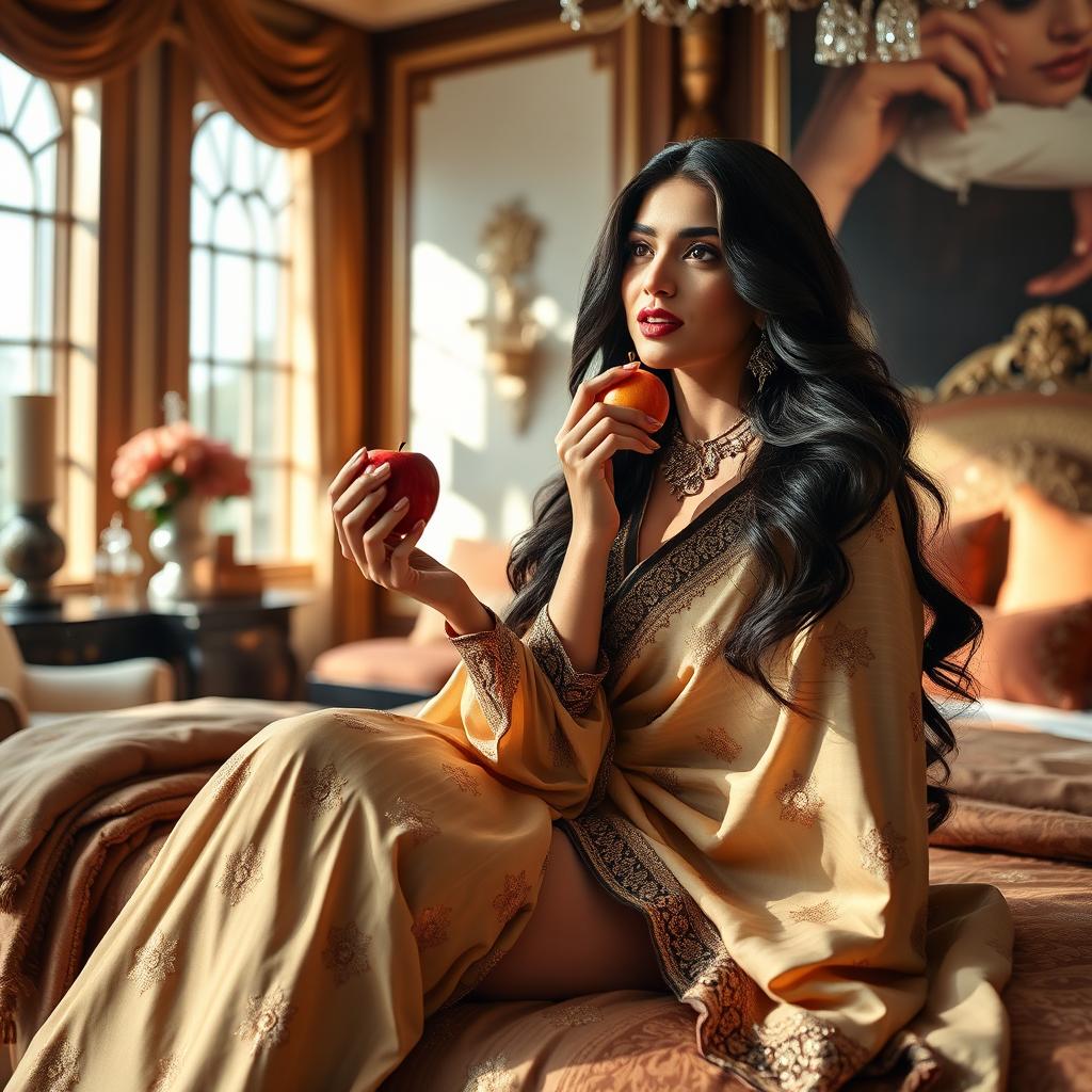 An Indian Bollywood actress with long, flowing dark hair and exquisite traditional clothing, sitting gracefully on her elegantly adorned bed, taking a bite of a shiny, red apple