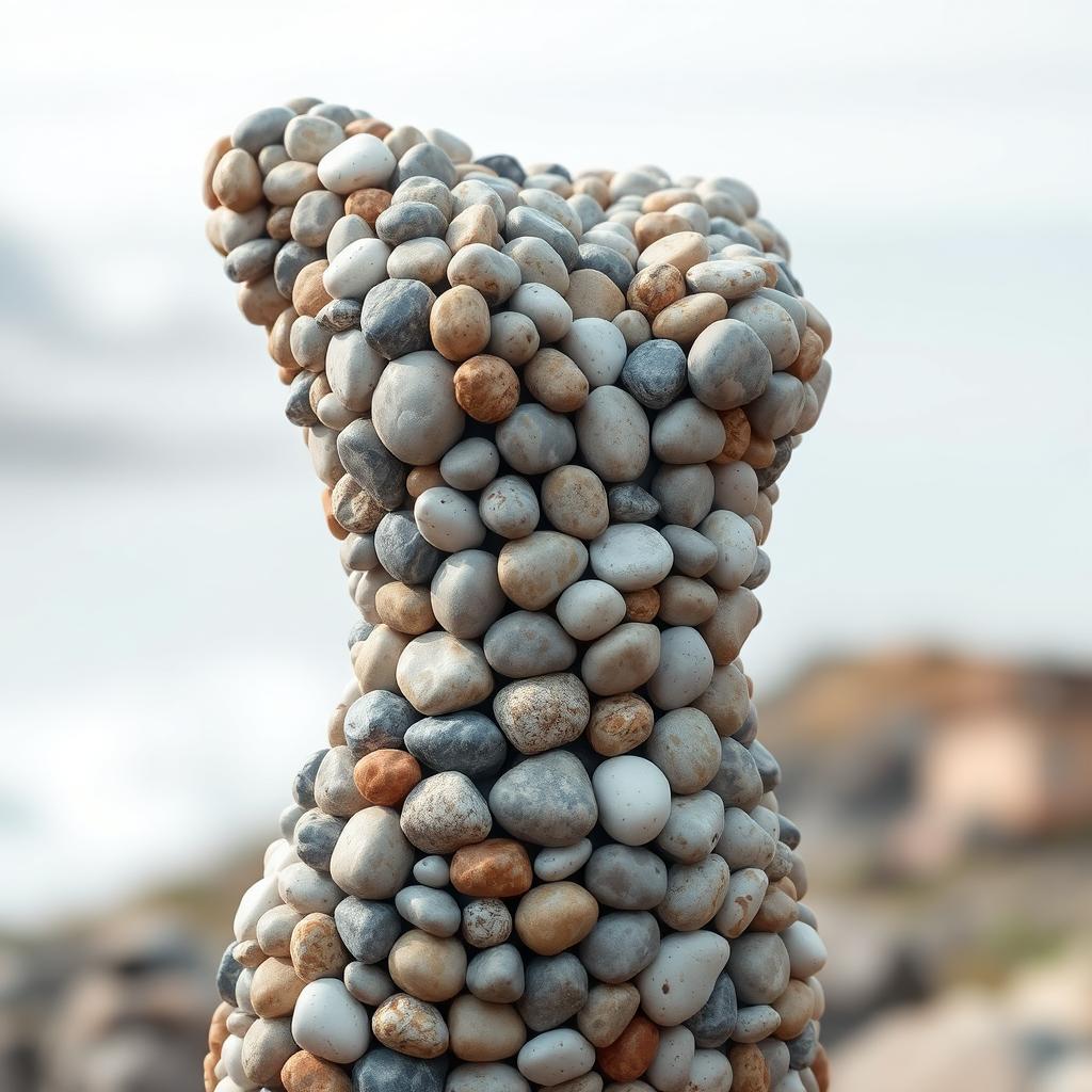 A woman's torso and upper body shape artistically formed from smooth, round pebble stones