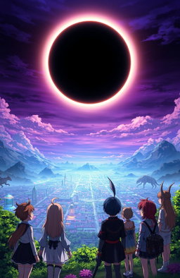 A stunning anime scene portraying an epic eclipse, where a powerful celestial phenomenon casts an ethereal glow over a fantastical landscape