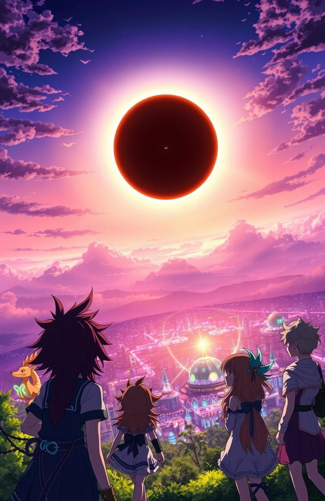 A stunning anime scene portraying an epic eclipse, where a powerful celestial phenomenon casts an ethereal glow over a fantastical landscape