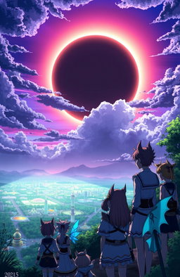 A stunning anime scene portraying an epic eclipse, where a powerful celestial phenomenon casts an ethereal glow over a fantastical landscape